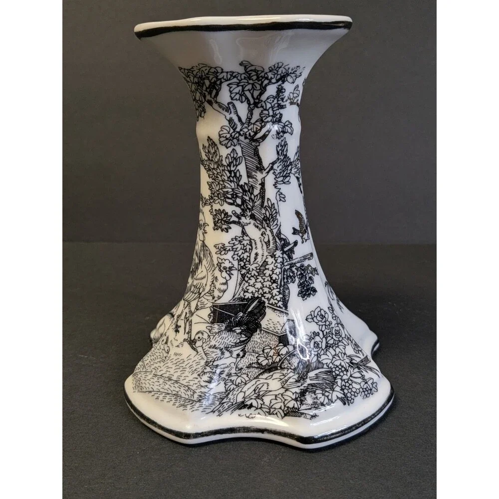 Vtg Dechang Taoci Black White Toile Pitcher Rooster Rabbit Bird & Candle Holder